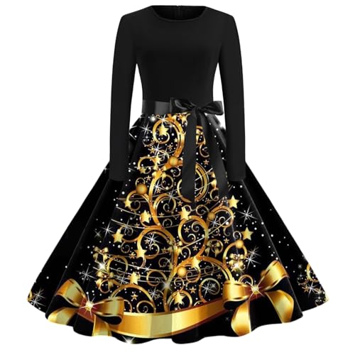 Weihnachtskleider Damen, Damen Weihnachtskleid 3D Lustig Kreativer Weihnachtsdruck Partykleid Rundhals Langarm Vintage Cocktailkleid Weihnachten A-Linie Swing Kleid Frauen Festliche Kleider von Generic