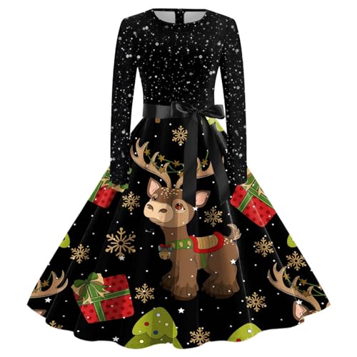 Weihnachtskleider für Frauen Partykleid Damen Weihnachten Kleider Rundhals Langarm Kleid Weihnachts Drucken Cocktailkleid A-Linie Swing Weihnachtskleid Winter Elegant Abendkleider von Generic