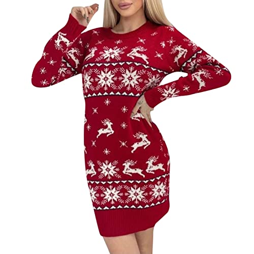 Weihnachtskleidung Damen Strickkleid Damen Rundhals Pullikleid Langer Pulloverkleid Frauen Kleider Pullover Rippstrick Wickelkleid Schneeflocken Muster Bequem Für Winter Freizeit Party von Generic