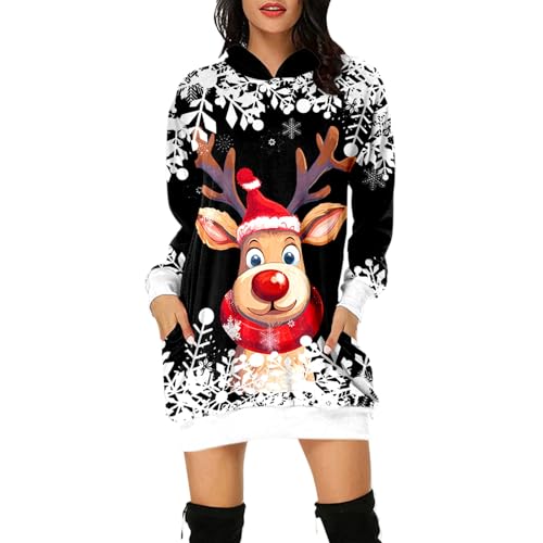 Weihnachtskleidung Damen - Weihnachtskleider mit Tasche Damen Weihnachten Langarm Hüfttaschendruck Dünnes Kapuzenpulli Damen Winter Hoodie Kleider Damen Freizeitkleider Festlich von Generic