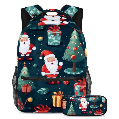 Weihnachtsmann-Rucksack mit Federmäppchen, stilvolles 2-teiliges Schultaschen-Set für Jungen, Mädchen, Teenager, Mehrfarbig Nr. 07, B：29.4x20x40cm P：19x7.5x3.8cm, Tagesrucksäcke von Generic