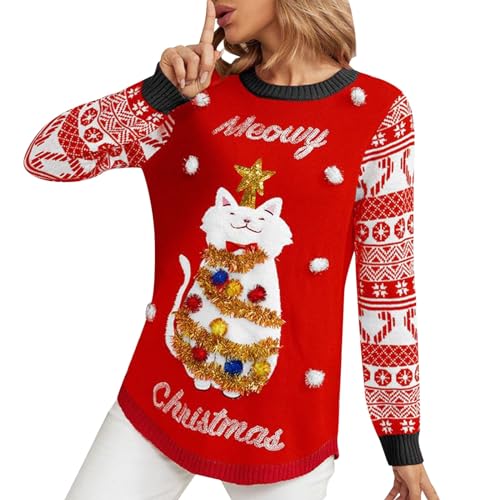 Weihnachtspulli Damen Lustig Weihnachtspullover Damen Große Größen Strickpullover Damen Weihnachten Weihnachtsshirt Langarm Katze Grün Rot Pullover Pulli Weihnachts Christmas Sweatshirt von Generic