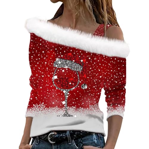Weihnachtspulli Lustig Damen 2024 Weihnachtspullover Damen Off-Shoulder Weihnachtsmann Druck Plüsch Schulterfrei Langarm Weihnachtspulli Mädchen Christmas Sweatshirt Herbst Oberteile von Generic