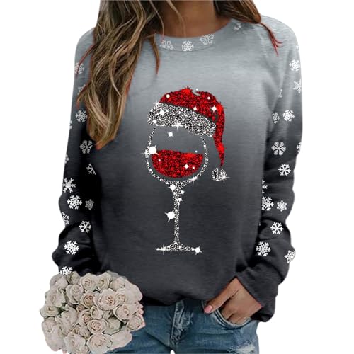 Weihnachtspullover Damen, Damen Sweatshirt Rundhals Langarm Rentier Weinglas Weihnachtsmann Druck Langarmshirt Teenager Mädchen Christmas Sweatshirt Weihnachtspulli Oberteile Tops Pullover von Generic