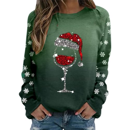 Weihnachtspullover Damen, Damen Sweatshirt Rundhals Langarm Weinglas Drucken Festlich Langarmshirt Teenager Mädchen Christmas Pullover Sweatshirts Frauen Weihnachtspulli Oberteile Tops Shirt von Generic