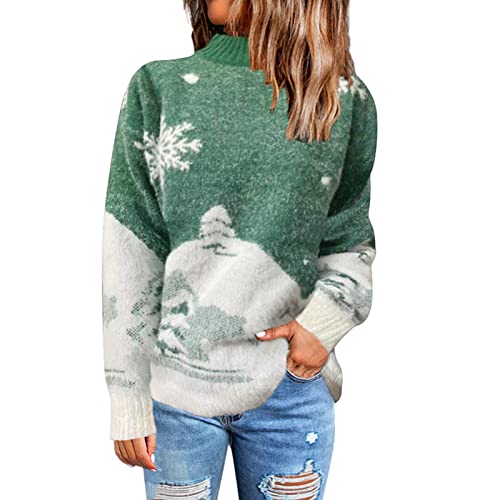 Weihnachtspullover Damen, Pullover Damen Weihnachten Rollkragenpullover Schneeflocken Drucken Strickpullover Festival Lustig Sweater Winter Warm Sweatshirt Weihnachts Strickpulli von Generic