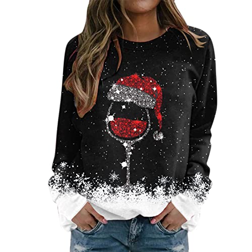 Weihnachtspullover Damen, Weihnachtspullover Damen Lustig Glitzer Rotweinglas Sweatshirt Weihnachten Pullover Langarm Rundhals Weihnachtspulli Christmas Xmas Langarmshirt Pulli Oberteile von Generic