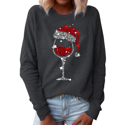 Weihnachtspullover Damen, Weihnachtspullover Damen Lustig Rotweinglas Muster Sweatshirt Langarm Rundhals Weihnachten Pullover Langarmshirt Christmas Weihnachtspulli Sweatshirts Oberteile von Generic