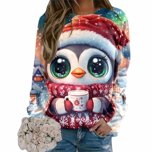Weihnachtspullover Damen, Weihnachtsshirt Damen Elegant Langarmshirt Rundhals Pulli Ohne Kapuze Weihnachten Pinguin Weihnachts Sweatshirt Sweater Jumper Weihnachtspullis Lustig Winterpullover von Generic