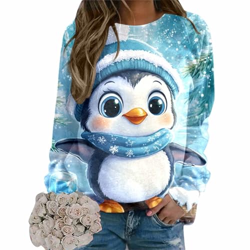 Weihnachtspullover Damen, Weihnachtsshirt Damen Elegant Langarmshirt Rundhals Pulli Ohne Kapuze Weihnachten Pinguin Weihnachts Sweatshirt Sweater Jumper Weihnachtspullis Lustig Winterpullover von Generic