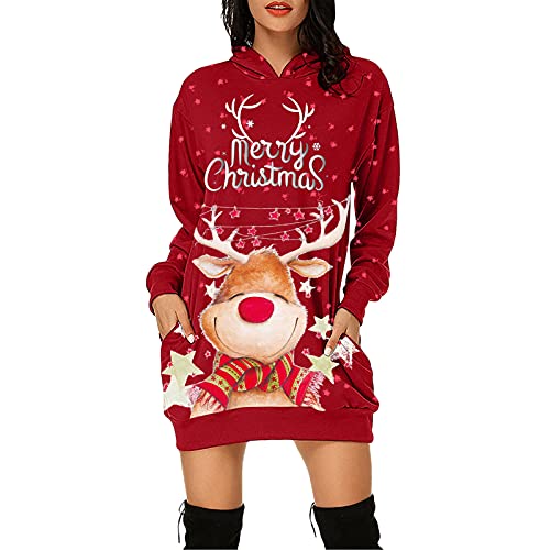 Weihnachtspullover Damen Kapuzenpullover Blusenkleid Weihnachten Sweatkleid Lose Hoodie Langarm Pulli Kleid Lustig Rentier Elfe Druck Herbstkleid Mode Weihnachtskleid mit Tasche von Generic