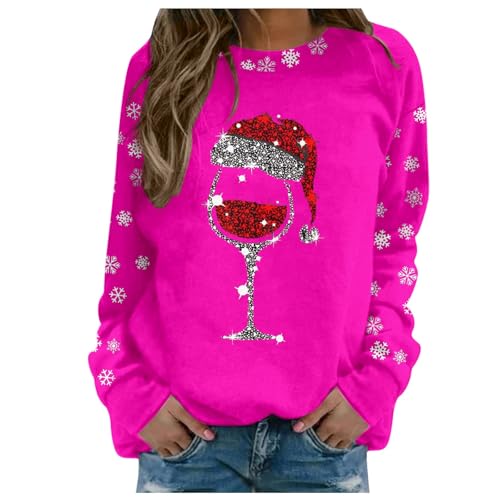 Weihnachtspullover Damen Langarm- Weihnachts Sweatshirt Damen- Weihnachten Pullover mit Weinglas Muster Lustig Pulli Weihnachtsshirt Rundhals Oberteil Xmas Weihnachtspulli Grün Frauen Outfit von Generic