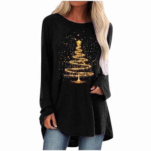 Weihnachtspullover Damen Langarmshirt, Weihnachtspulli Sweatshirt Frauen Longshirt|Winter Weihnachtsshirt Damen Langarm Warme mit Weihnachtsmotiv Schwarz Weihnachts Oberteile Teenager Mädchen von Generic