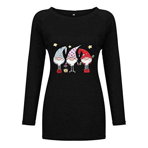 Weihnachtspullover Damen Langarmshirt, Weihnachtspulli Sweatshirt Frauen|Weihnachtsshirt Damen Langarm Warme mit Wichtel Weihnachtsmotiv Schwarz Weihnachts Oberteile Longsleeve Mädchen von Generic