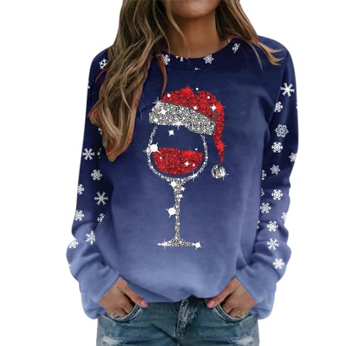 Weihnachtspullover Damen Lustig Baumwolle Langarm Sweatshirt Damen Weihnachts Glitzer Pullover Weihnachtsoutfit Elegant Langarmshirt Weihnachtspulli Oberteile Tops Für Frauen Mädchen (Dark Blue, XXL) von Generic