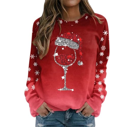 Weihnachtspullover Damen Lustig Baumwolle Langarm Sweatshirt Damen Weihnachts Glitzer Pullover Weihnachtsoutfit Elegant Langarmshirt Weihnachtspulli Oberteile Tops Für Frauen Mädchen (Red, XL) von Generic