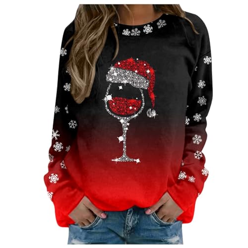 Weihnachtspullover Damen Lustig Rotwein Glas Druck Sweatshirt Oversized Rundhals Langarm Casual Ugly Weihnachten Pullover Christmas Sweater Oberteile Frauen Xmas Pulli Tops von Generic