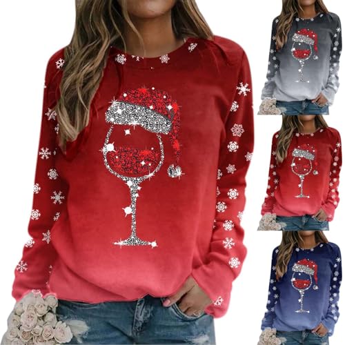 Weihnachtspullover Damen Lustig Weihnachts Pullover Glitzer Weinglas Druck Weihnachtspulli Langarm Rundhals Xmas Sweatshirt Winter Feiertage Elegant Langarmshirt Christmas Oberteile von Generic