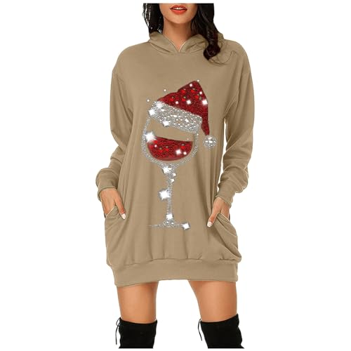Weihnachtspullover Damen Lustig Weinglas Druck Oversize Kapuzenpullover Weihnachten Pullover Kleid Weihnachtsbaum Druck Weihnachtspulli Weihnachtspullover Christmas Hoodie Kleid Weihnachtskleid von Generic