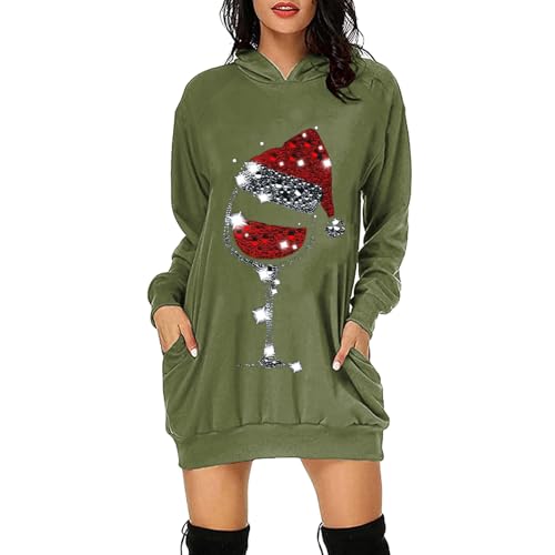 Generic Damen Weihnachtskleid XL Cartoon Armeegrün Langarm Kapuzenpullover Oversize Hoodie Lustig Weihnachtspulli Christmas Pullover Kleid Weihnachten von Generic