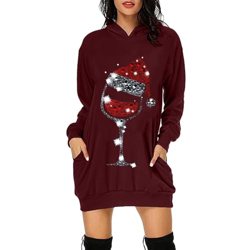 Weihnachtspullover Damen Lustig Weinglas Druck Oversize Kapuzenpullover Weihnachten Pullover Kleid Weihnachtsbaum Druck Weihnachtspulli Weihnachtspullover Christmas Hoodie Kleid Weihnachtskleid von Generic