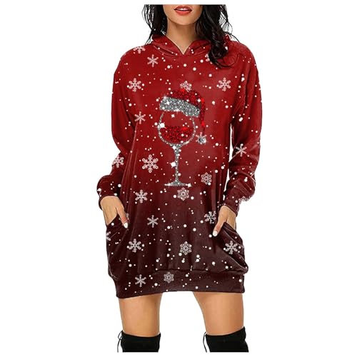 Weihnachtspullover Damen Lustig Weinglas Druck Oversize Kapuzenpullover Weihnachten Pullover Kleid Weihnachtsbaum Druck Weihnachtspulli Weihnachtspullover Christmas Hoodie Kleid Weihnachtskleid von Generic