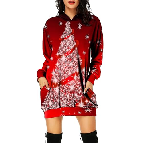 Weihnachtspullover Damen Lustig Weinglas Druck Oversize Kapuzenpullover Weihnachten Pullover Kleid Weihnachtsbaum Druck Weihnachtspulli Weihnachtspullover Christmas Hoodie Kleid Weihnachtskleid von Generic