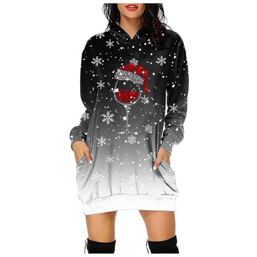 Generic Damen Weihnachtspullover XL Oversize Kapuzenpullover Christmas Hoodie Kleid Weihnachten Pullover Lustig Weinglas Druck Weihnachtspulli von Generic