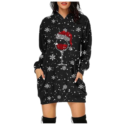 Weihnachtspullover Damen Lustig Weinglas Druck Oversize Kapuzenpullover Weihnachten Pullover Kleid Weihnachtsbaum Druck Weihnachtspulli Weihnachtspullover Christmas Hoodie Kleid Weihnachtskleid von Generic