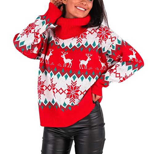 Weihnachtspullover Damen Pullover Weihnachtspullover Rollkragen Sweater Langarm Sweatshirt Pulli mit Norwegermuster Elegant Casual Weihnachtspulli Oberteil Top Loose Fit Tops Weihnachten von Generic