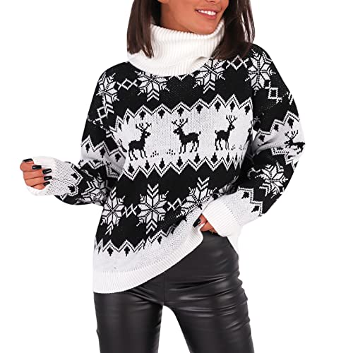 Weihnachtspullover Damen Pullover Weihnachtspullover Rollkragen Sweater Langarm Sweatshirt Pulli mit Norwegermuster Elegant Casual Weihnachtspulli Oberteil Top Loose Fit Tops Weihnachten von Generic