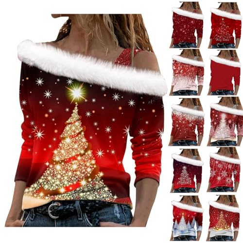 Weihnachtspullover Damen Rot Plüsch Schulterfrei Langarm Pullover Elegant Mit Schulterriemen Xmas Langarmshirt Herbstpullover Sweatshirt Christmas Winterpullover a-Gold XXL von Generic