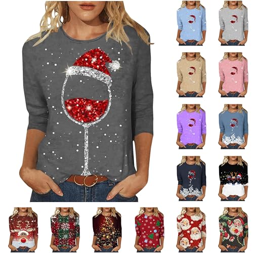 Weihnachtspullover Damen Rot Weinglas Druck Oberteile 3/4 Ärmel Rundhals Pullover Lustig Shirt Festlich Tops Weihnachten Bluse Winter Langarmshirt Essentials Weihnachtsshirt Aesthetic Weihnachtspulli von Generic