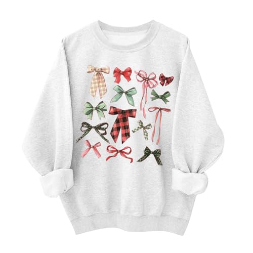 Weihnachtspullover Damen Schleifendruck Sweatshirt ohne Kapuze Warme Baggy Passform Blusentop Weihnachtsbaum Muster Pullover Überschnittene Schultern Langarmshirt Kawaii Bluse für Weihnachten Party von Generic