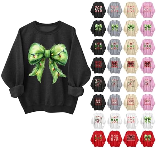 Weihnachtspullover Damen Schleifendruck Sweatshirt ohne Kapuze Warme Baggy Passform Blusentop Weihnachtsbaum Muster Pullover Überschnittene Schultern Langarmshirt Kawaii Bluse für Weihnachten Party von Generic