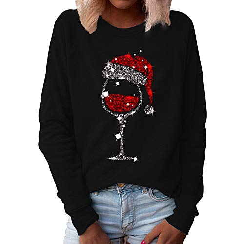 Weihnachtspullover Damen Sweatshirt Mode Weinglas Gedruckt Langarmshirt Herbst Winter Rundhals Pullover Christmas Xmas Pulli Shirt Oberteile Lose Casual Oberteile Tops von Generic