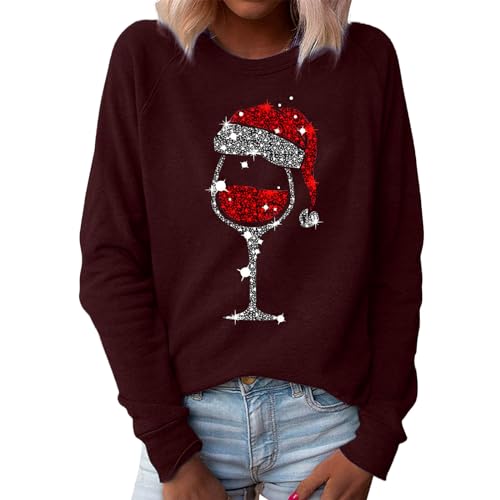 Weihnachtspullover Damen Sweatshirt Mode Weinglas Gedruckt Langarmshirt Herbst Winter Rundhals Pullover Christmas Xmas Pulli Shirt Oberteile Lose Casual Oberteile Tops von Generic