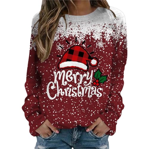 Weihnachtspullover Damen Sweatshirt Rundhals Weihnachtspulli Pullover Elegant Langarm Weihnachten Pullover Damen Weihnachts Pullis Casual Christmas Sweat Oberteile Tops Für Frauen MäDchen (j-Wine, M) von Generic