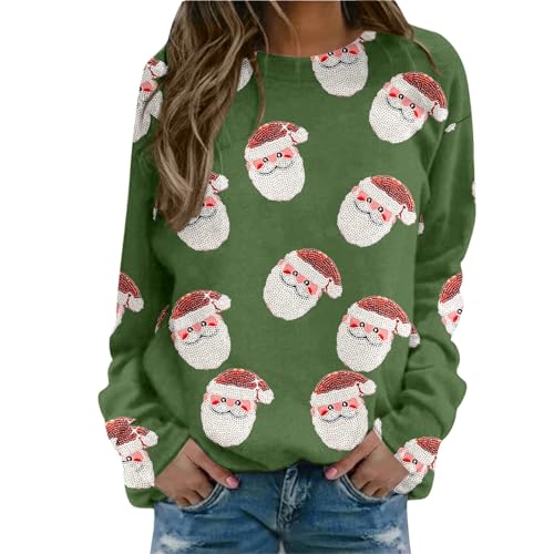 Weihnachtspullover Damen Weihnachten Sweatshirt Langarmshirt Weihnachtspulli Rundhals Pullover Elegant Fraue Mädchen Bluse Tops Frühling Lässiges Kostüm Geschenk Christmas Sweat (C-Green, XL) von Generic