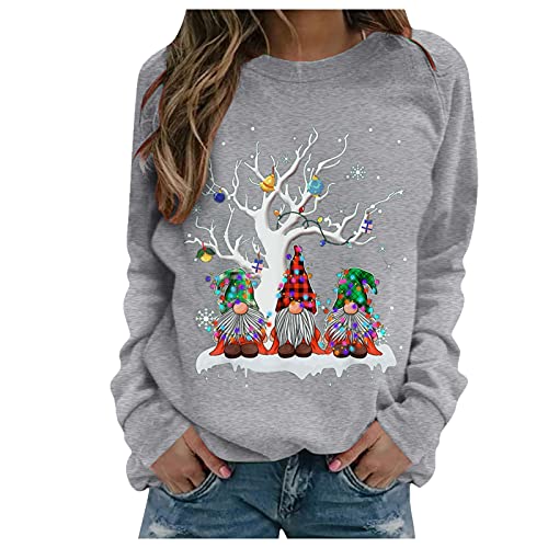 Weihnachtspullover Damen Weihnachten Sweatshirt Langarmshirt Weihnachtspulli Rundhals Pullover Elegant Fraue Mädchen Bluse Tops Frühling Lässiges Kostüm Geschenk Christmas Sweat (Z11201-Grey, XXL) von Generic