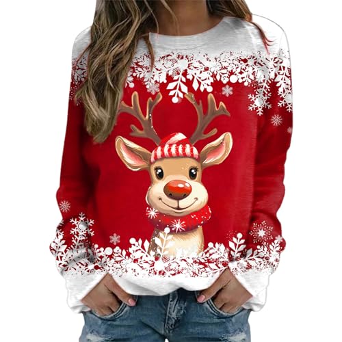 Weihnachtspullover Damen Weihnachten Sweatshirt Langarmshirt Weihnachtspulli Rundhals Pullover Elegant Fraue Mädchen Bluse Tops Frühling Lässiges Kostüm Geschenk Christmas Sweat Oberteile (B-Red, S) von Generic