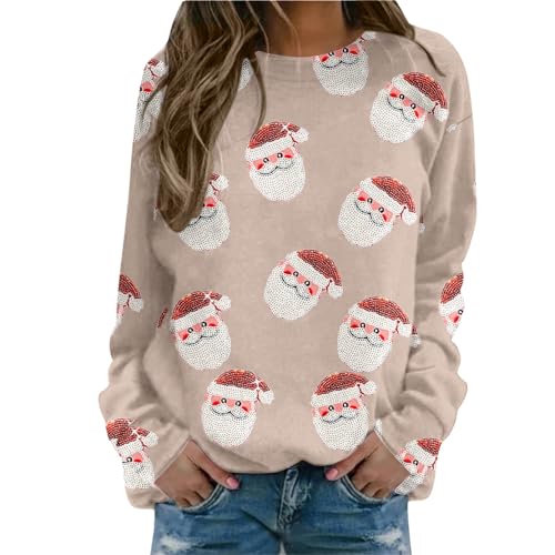 Weihnachtspullover Damen Weihnachten Sweatshirt Langarmshirt Weihnachtspulli Rundhals Pullover Elegant Fraue Mädchen Bluse Tops Frühling Lässiges Kostüm Geschenk Christmas Sweat Oberteile (C-Khaki, S) von Generic