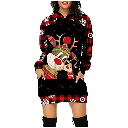 Weihnachtspullover Damen Weihnachtskleid Abendkleider Oversize Kapuzenpullover Hoodie Kleid Winter Langarm Weihnachten Kleider mit Kapuze Vintage Slim Fit Partykleid Longpullover Lange Sweatshirt von Generic