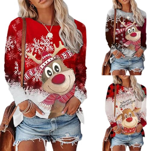 Weihnachtspullover Damen Winter Weihnachts Pullis Casual Christmas Sweat Oberteile Tops Langarm Sweatshirt Weihnachtspulli Elegant Weihnachten Pullover für Frauen Teenager Mädchen (001 Rot, XXL) von Generic