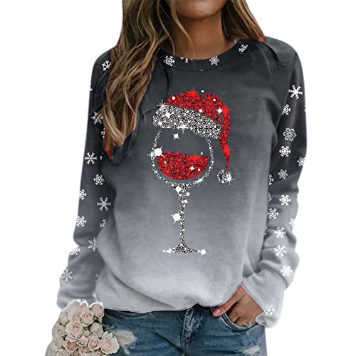 Weihnachtspullover Damen mit Weinglas Muster - Pullover Damen Winter, Langarmshirt Weihnachten T Shirt Langarm Oberteile Rundhals Sweatshirt Party Langarmshirts für Damen Teenager Mädchen von Generic