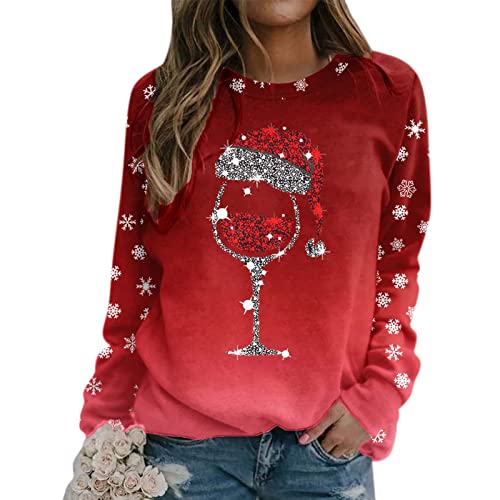 Weihnachtspullover Damen mit Weinglas Muster- Pullover Damen Winter,Langarmshirt Damen Weihnachten T Shirt Langarm Oberteile Rundhals Sweatshirt Party Langarmshirts für Frauen Teenager Mädchen von Generic