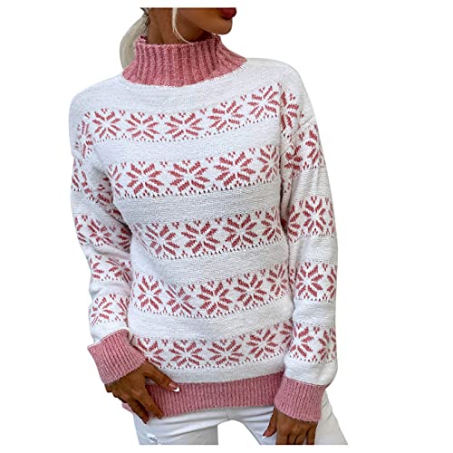 Weihnachtspullover Damen mit kleinem Stehkragen Christmas Pullover Warm Strickpullover mit Streifen Schneeflocken Winter Pullis für Frauen Oberteile Langarm von Generic