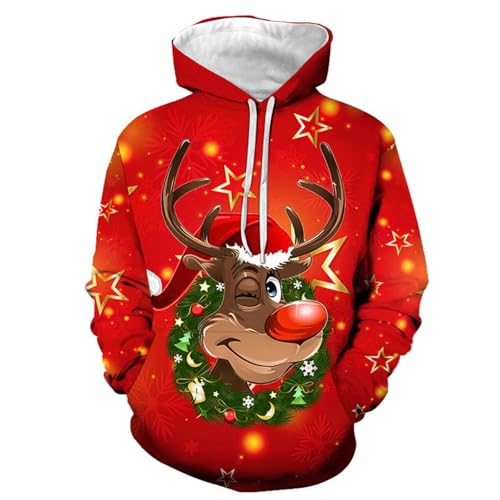 Weihnachtspullover Herren Hoodie Pullover Unisex Kapuzenpullover Sweatshirt Reindeer Schneemann 3D Druck Lustige Funky Weihnachtspulli Casual mit Tasche Weihnachtshoody Ugly Christmas Sweater von Generic