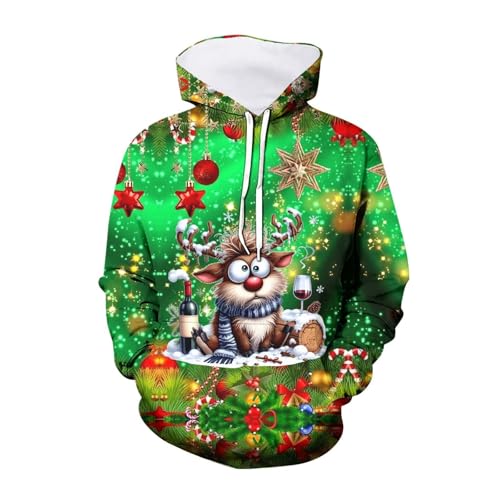 Weihnachtspullover Herren Hoodie Pullover Unisex Kapuzenpullover Sweatshirt Reindeer Schneemann 3D Druck Lustige Funky Weihnachtspulli Casual mit Tasche Weihnachtshoody Ugly Christmas Sweater von Generic