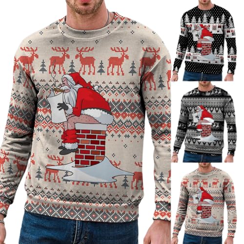 Weihnachtspullover Herren Warm Lustig Christmas Sweater Casual Winterpullover Strickpullover Elastisch Weihnachtsmann Druck Rundhals Warme Strickpulli für Weihnachten (01 Khaki, L) von Generic